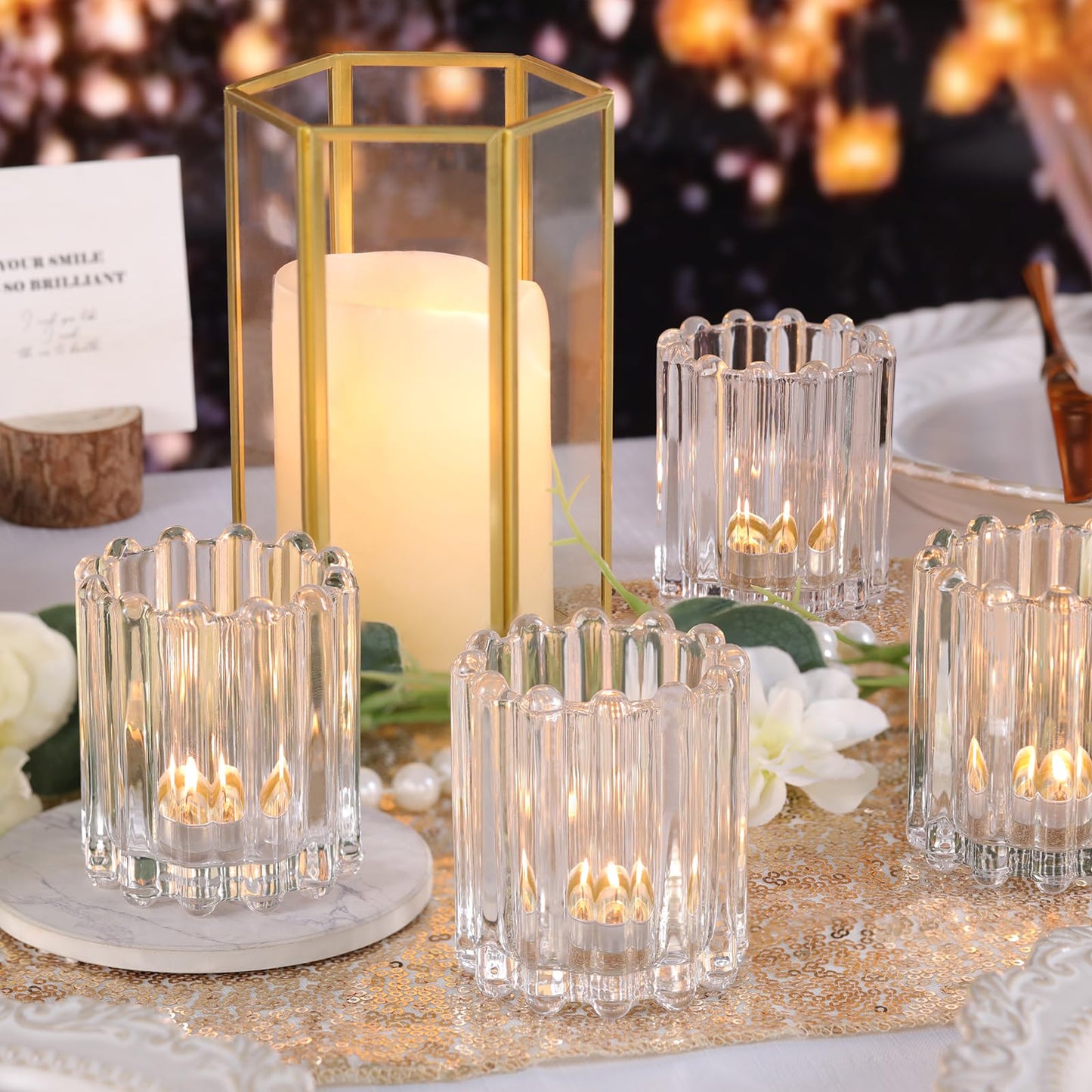 HAVITI Glass Clear Votive Candle Holder, Ribbed Votive Candle Holders Set of 12, Tealight Candle Holder for Wedding Centerpieces Dinner Party Table Decor