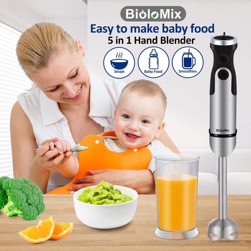 BioloMix Hand Blender 5 in 1 Immersion Blender 1000W, 6 Speed With Turbo Mode hand blenders immersion Stainless Steel Blade With 800ml Chopper, 600ml Mixing Beaker, Whisk and Milk Frother