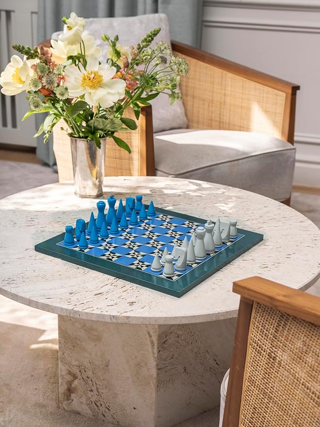 Printworks Lacquered Chess – Poseidon – Multi-Color Wooden Chess Set with Solid Wood Board – Elegant Coffee Table Game for Adults – Multilingual Instructions Included