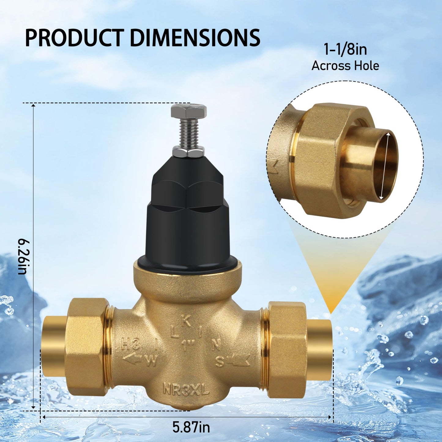 Water Pressure Regulator 1-NR3XLDU 1" with Double Union FNPT Connection Adjustable 15-75 PSI, Built-In Stainless Steel Strainer for Home, Commercial, Plumbing Applications