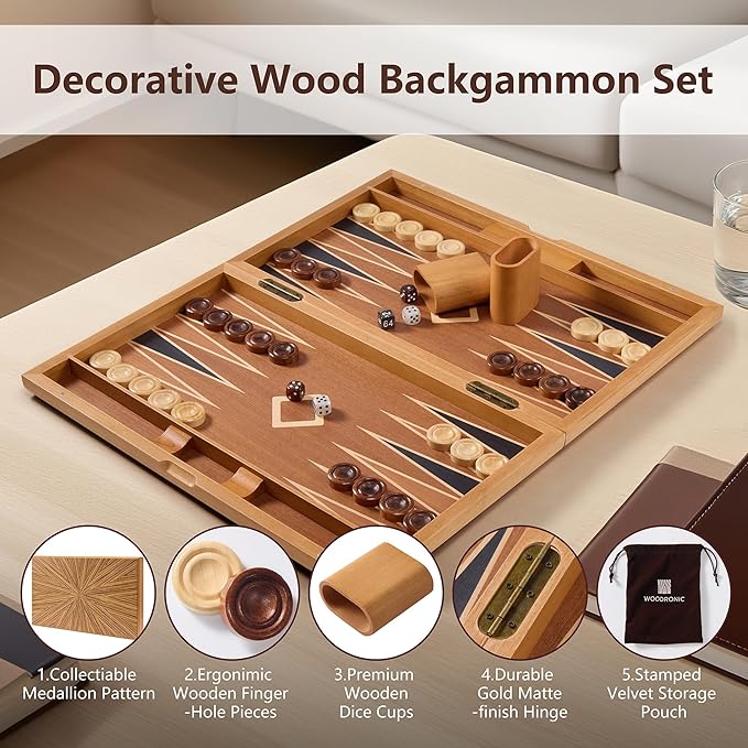Wood Backgammon Set for Adults – 17 Inch Classic Strategy Board Game Case - Premium Folding Backgammon Set with Wooden Playing Pieces Dices - Portable Wood Inlaid Travel Backgammon Game Set