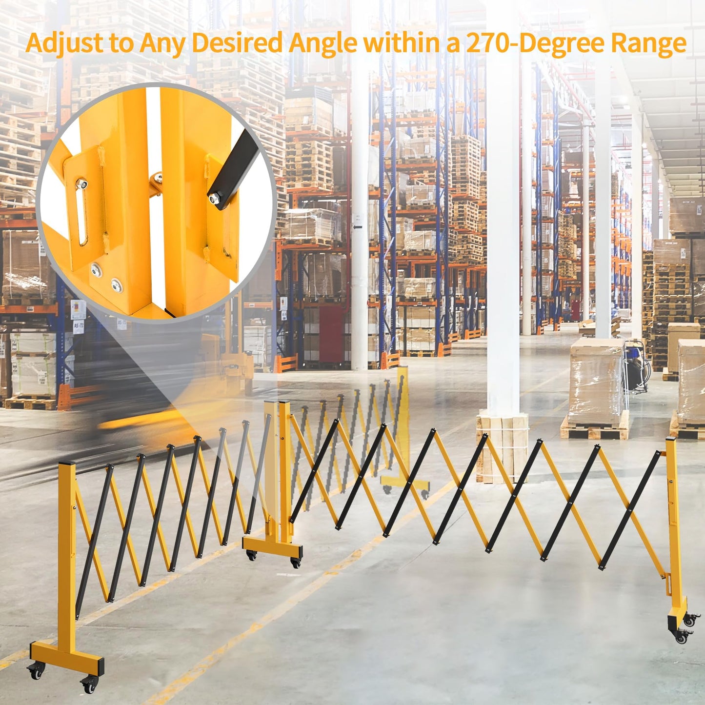 LTSEAME 16FT Industrial Expandable Barricade Folding Security Gate with Wheels,Retractable Driveway Gate with Aluminum Fence and 270 Degrees Direction Adjustment(Yellow, 16FT)