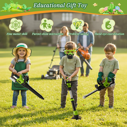 UPGRADED Kids Tool Set, 3-IN-1 Toddler Power Garden Tools with Sounds & Lights, Volume+/-, Toy Weed Wacker, Leaf Blower & Hedge Trimmer, Hat, Gloves, Apron, Toy Tools Christmas Birthday Gifts for Boys