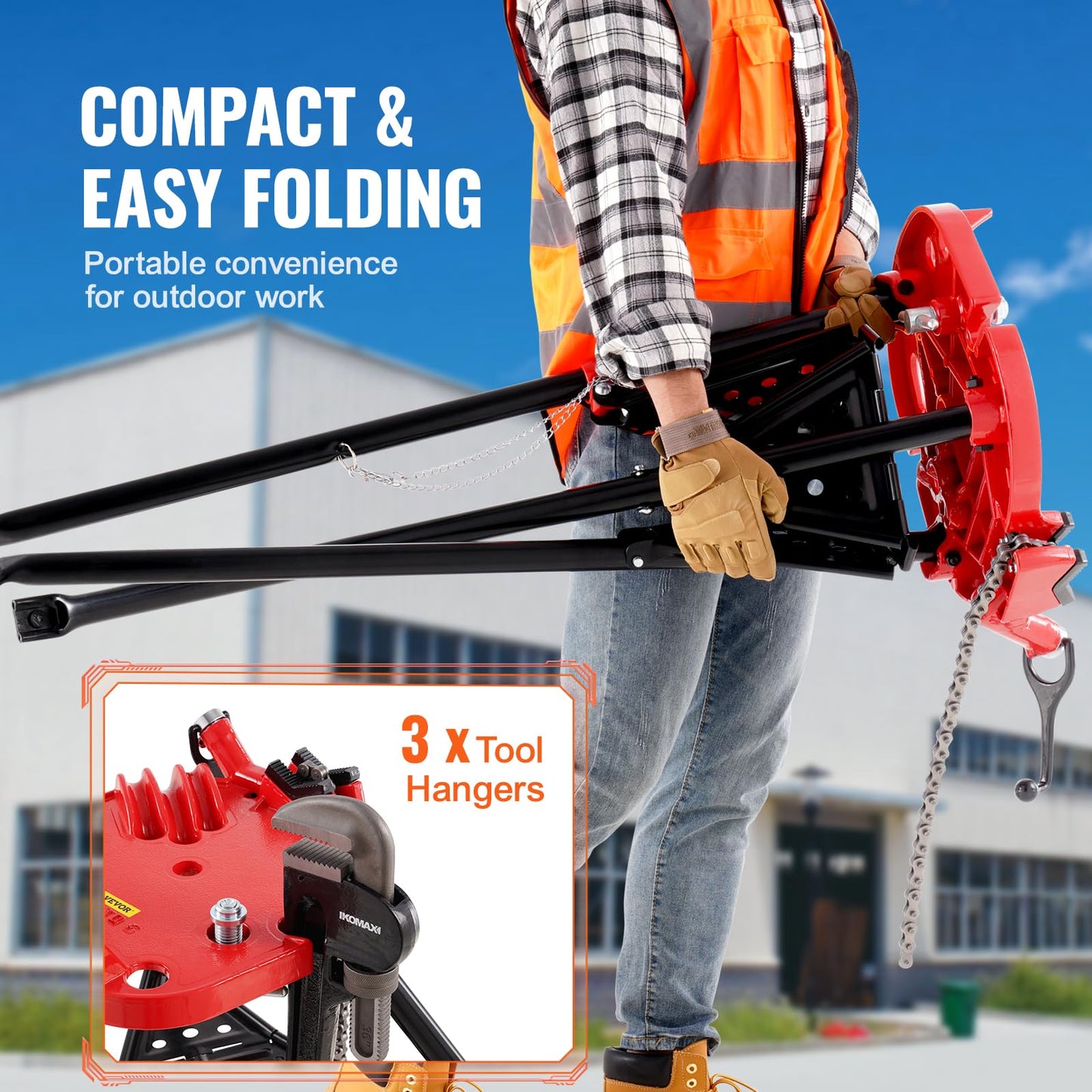 Mophorn 460-6 Tripod Pipe Chain Vise 1/8"-6" Capacity,Pipe Stand Portable Foldable Steel Legs,Pipe Jack Stands w/ Tool Tray, Tripod Stand Chain Vise Ideal for a Variety of Pipe Materials