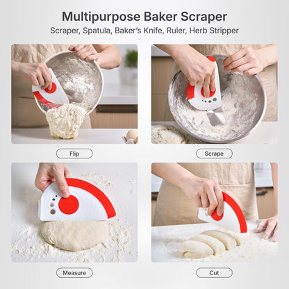 5-in-1 Dough Scraper & Flexible Bowl Scraper by Nextrend, Bread Scraper with Stainless Steel Edge, Ruler & Herb Stripper – BPA Free, Dishwasher Safe - Red