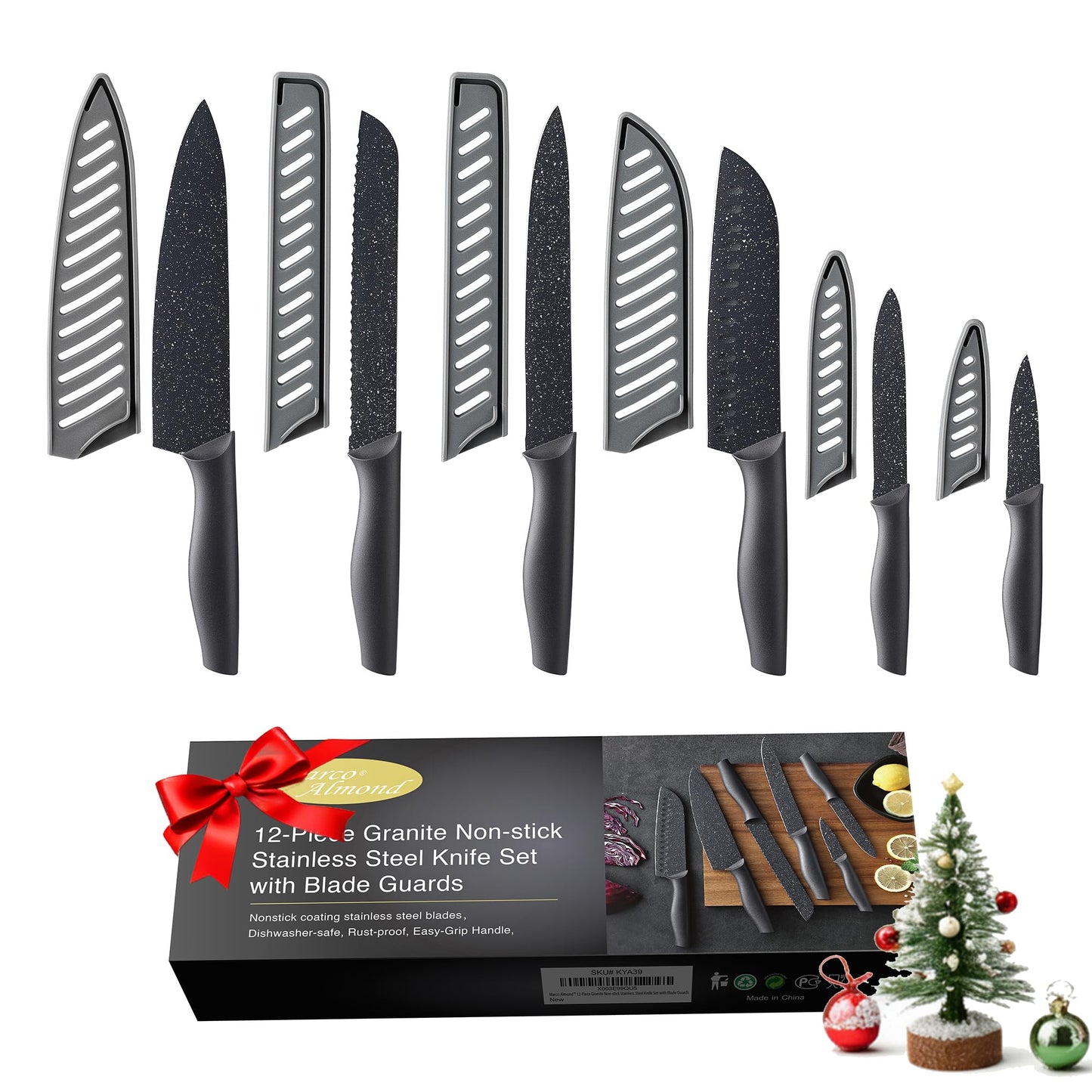 Marco Almond Kitchen Knife Set, KYA39 12-Piece Chef Knife Sets, 6 Knives with 6 Blade Guards, Stainless Steel Knives Set for Kitchen with Covers, Black