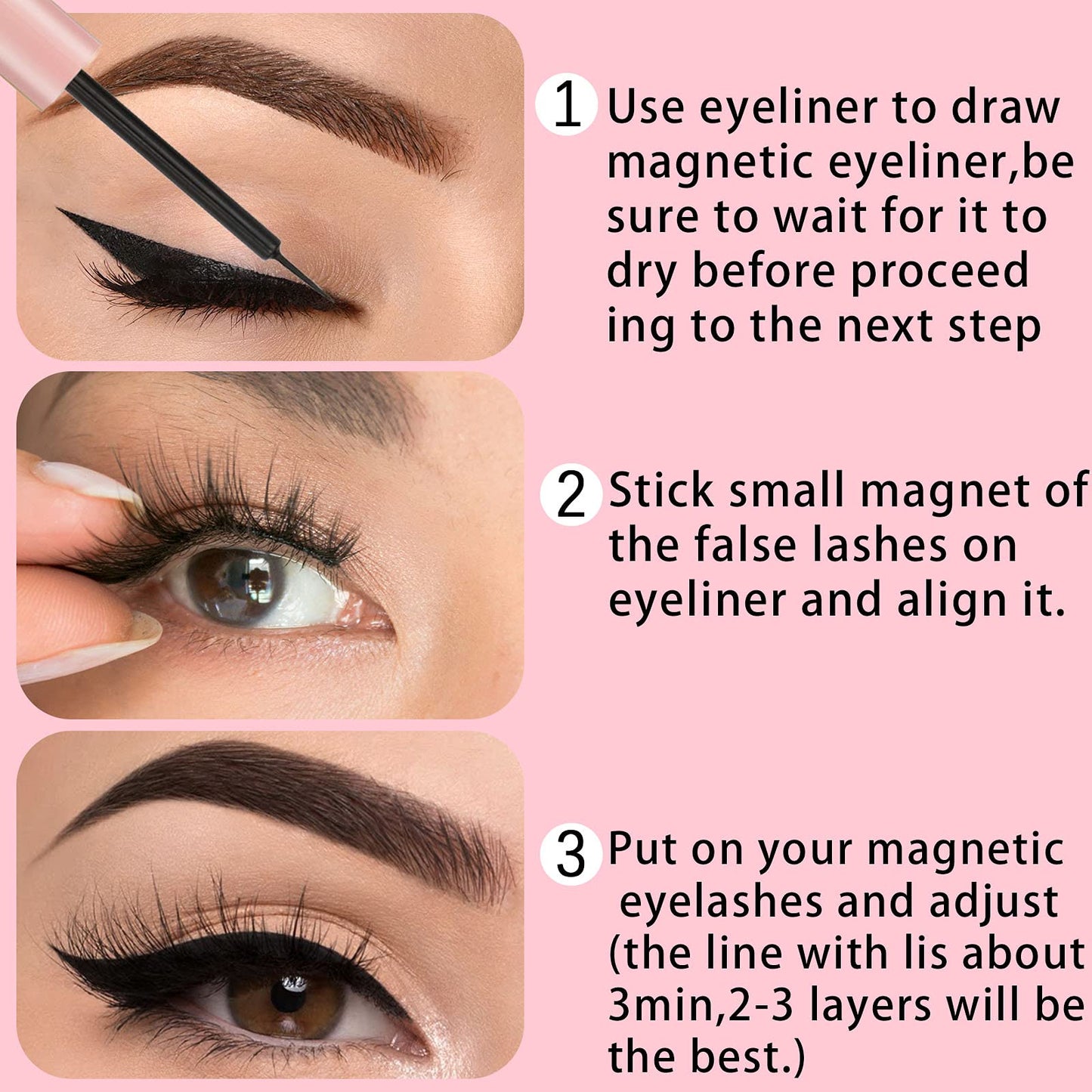 Magnetic Eyeliner 3PCS Smudge Resistant Magnetic liner,Works with All Magnetic Eyelashes,No iron powder and Natural Look,Easy to apply and No Glue needed (3PCS, Rose Gold+Black)