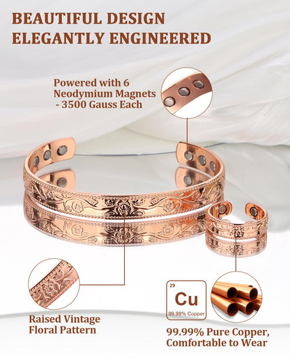 BioMag Women's Lymphatic Drainage Ring & Copper Bracelet, 99.99% Pure Copper Magnetic Bracelet & Ring with Built-in 3500 Gauss Magnets, Adjustable Size, Floral Vine Pattern