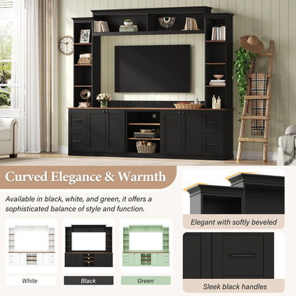 Ball & Cast 94.8" Entertainment Center Wall Unit with Bookshelf for TVs Up to 70",Farmhouse Large TV Stand with Walnut Adjustable Shelves,Retro Media Console with 4 Drawers for Living Room,Black