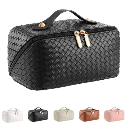 Large Capacity Travel Cosmetic Bag - PU Leather Makeup Organizer Bag Portable Woven Makeup Bags for Women Waterproof Travel Toiletry Bag with Divider Pouch, Black