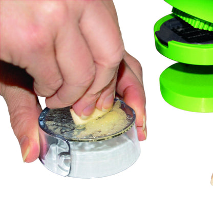 Garlic Perfection Press, Crusher, Mincer, and Storage Container - Easy to Clean - Stainless Steel Blades - White