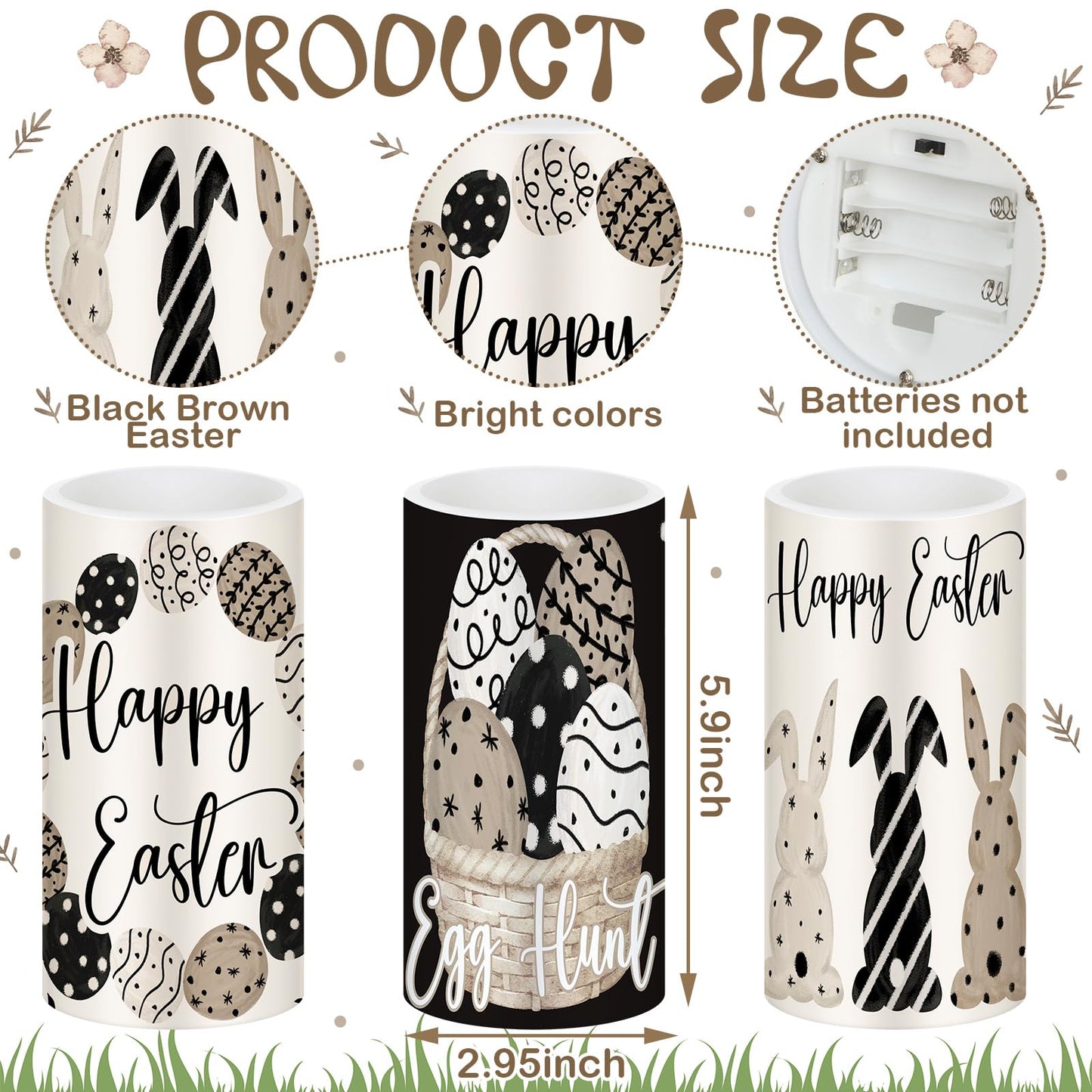 Retisee 3 Pcs Black Brown Easter Flameless LED Candles Battery Operated Bunny Spring Flickering Pillar Candles with Remote Rabbit Easter Centerpiece for Bedroom Living Room Dinner Table Decoration