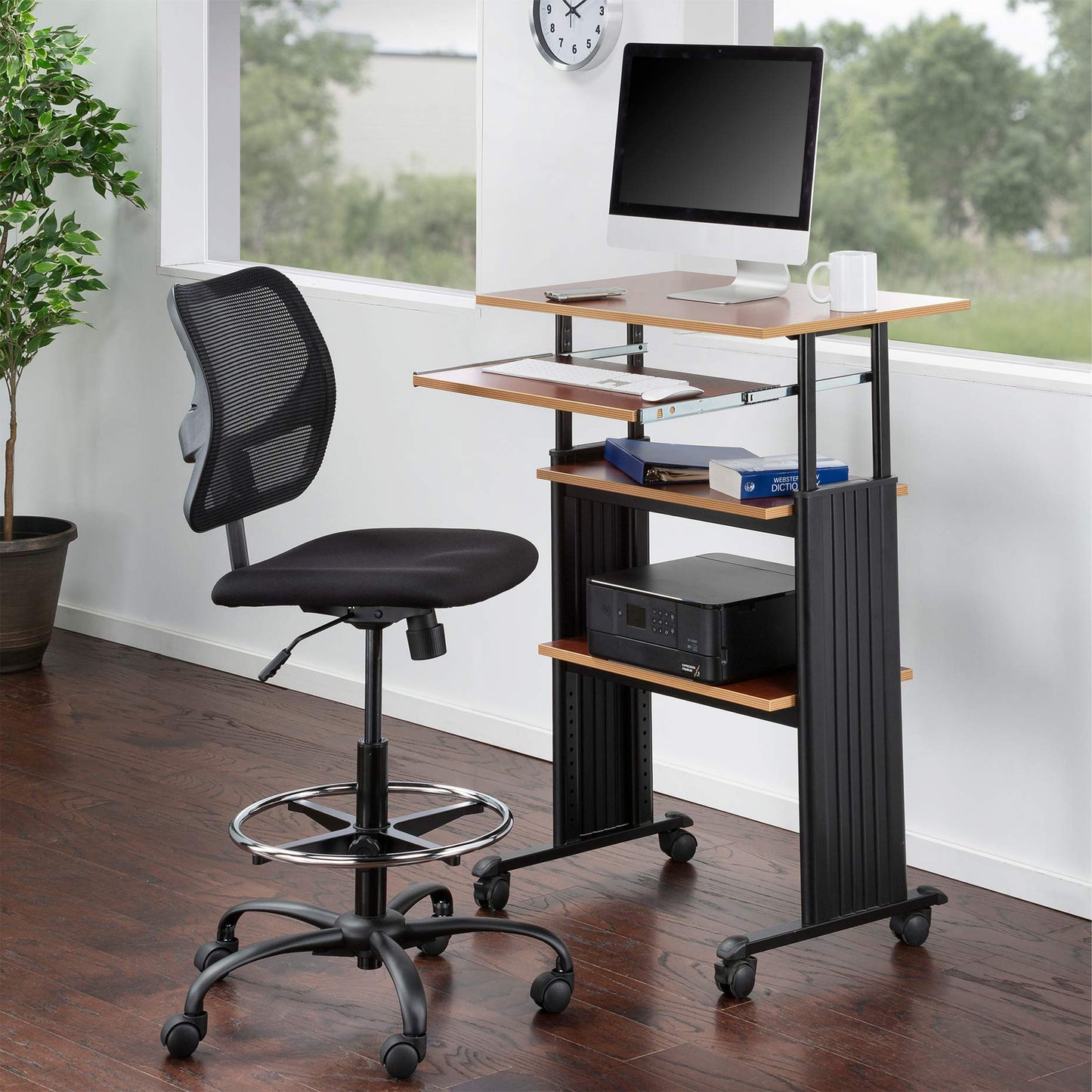 Safco 1929CY MUV Mobile Stand-Up Height-Adjustable Desk,Keyboard Storage, Steel Frame Construction, Durable Melamine Laminate Work Surface, 4 Wheels, Narrow Design