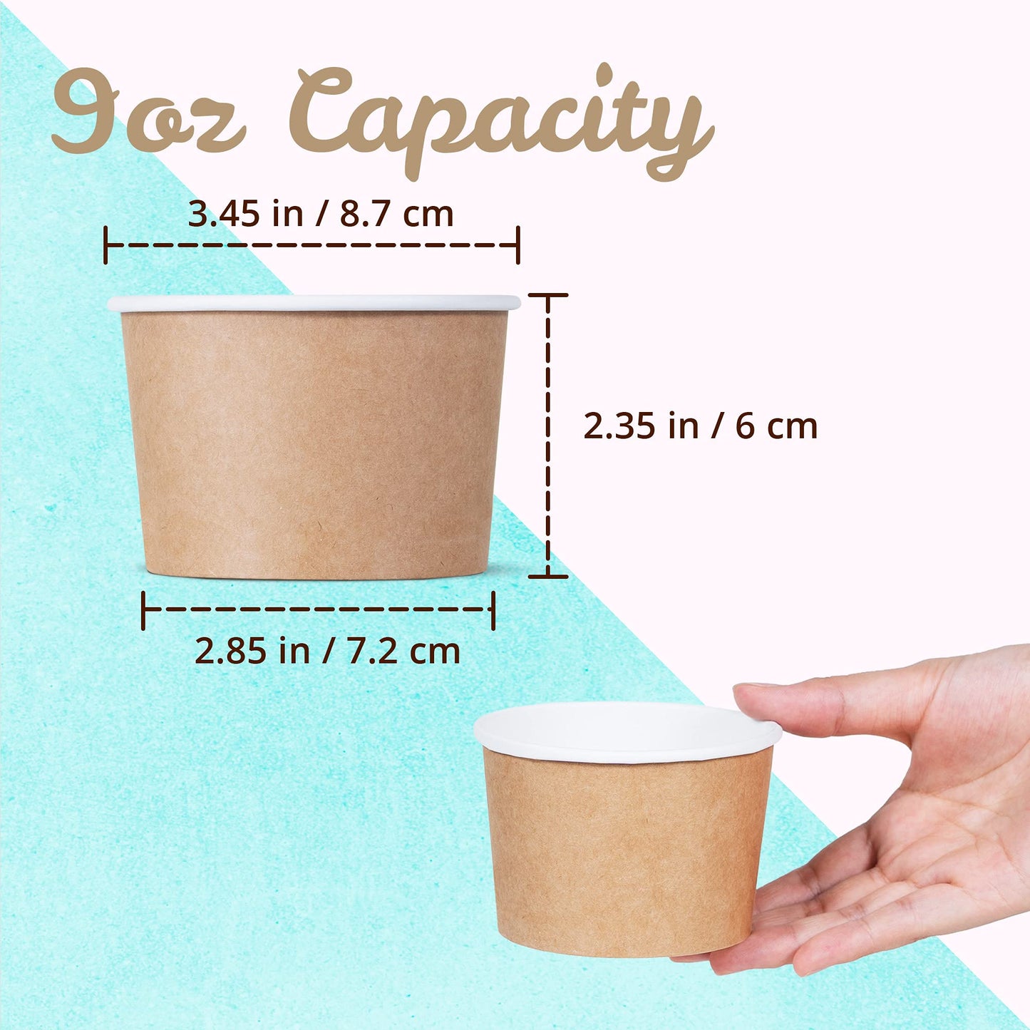 MATICAN Paper Ice Cream Cups - 100-Count 9-Oz Disposable Dessert Bowls for Hot or Cold Food, 9-Ounce Party Supplies Treat Cups for Sundae, Frozen Yogurt, Soup, Brown
