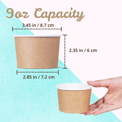 MATICAN Paper Ice Cream Cups - 100-Count 9-Oz Disposable Dessert Bowls for Hot or Cold Food, 9-Ounce Party Supplies Treat Cups for Sundae, Frozen Yogurt, Soup, Brown