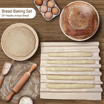 Bread Proofing Basket Set of 2: 9.8 Inch Sourdough Proofing Baskets with 17"x29" Proofing Cloth for Bread Baking, 2 Proofing Bowls and Bread Couthe Cloth for Baguettes, Loaves