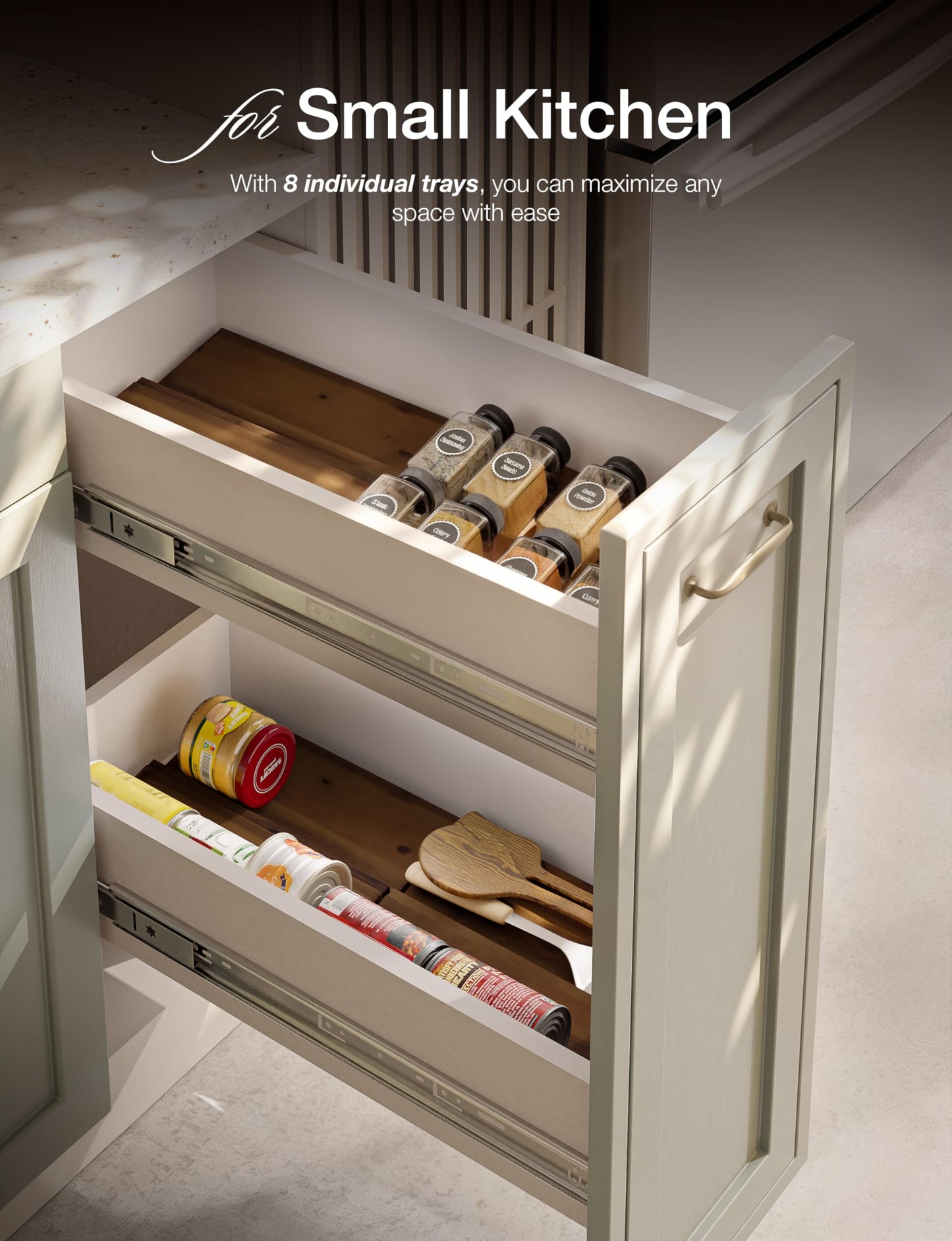 Tinamo Wood Spice Drawer Organizer - Acacia Wooden Tray Spice Racks Organizer for Cabinet Storage Shelf - 4 Tier Spice Rack for Drawer 32 Jars (Pack 4)