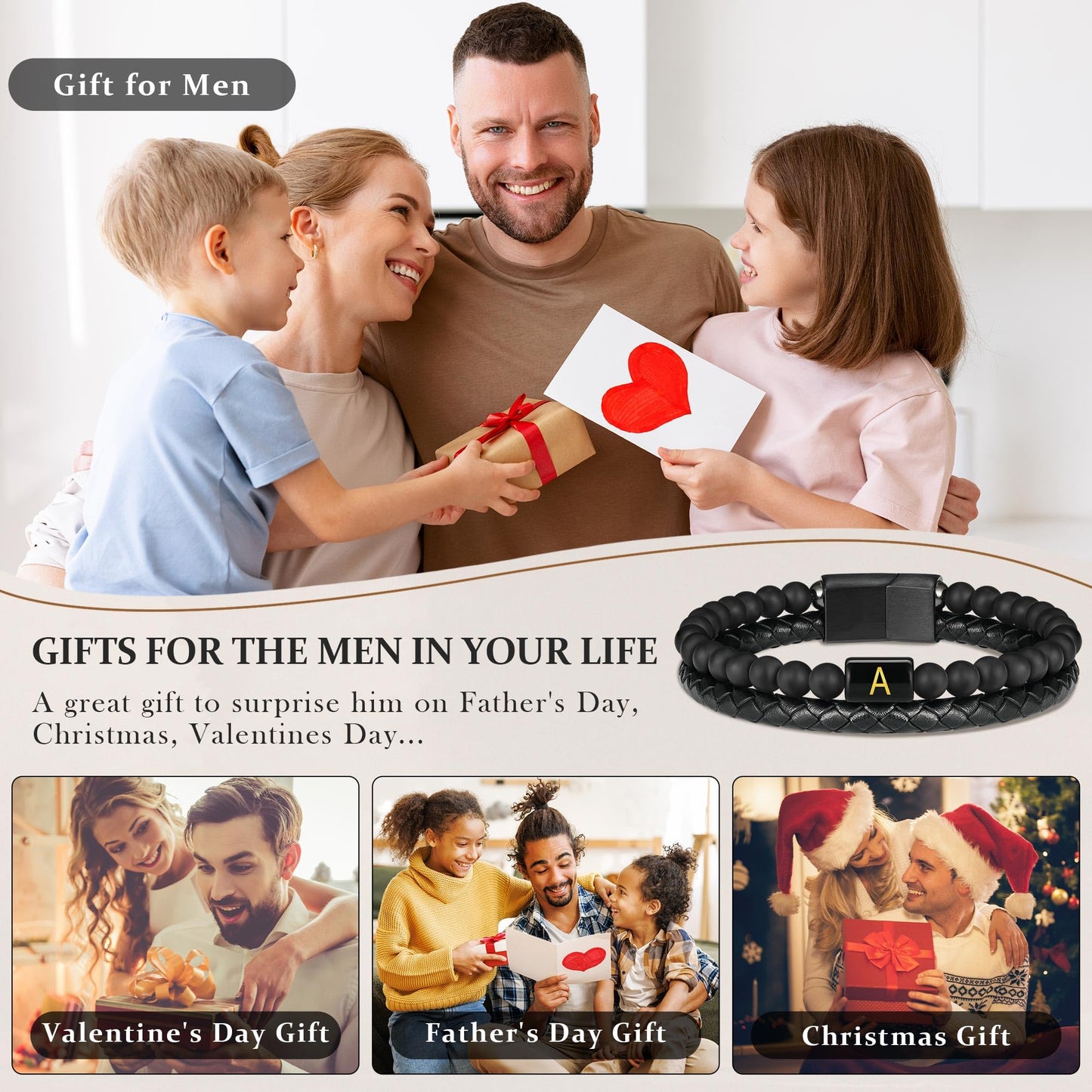 Mens Leather Bracelet with Initial - Men Gift Matte Agate Bead Magnetic Clasp Black Leather Bracelets Mens Gifts Men Bracelets with Initial Y Bracelet for Men's Jewelry Men's Gifts for Dad Husband Him