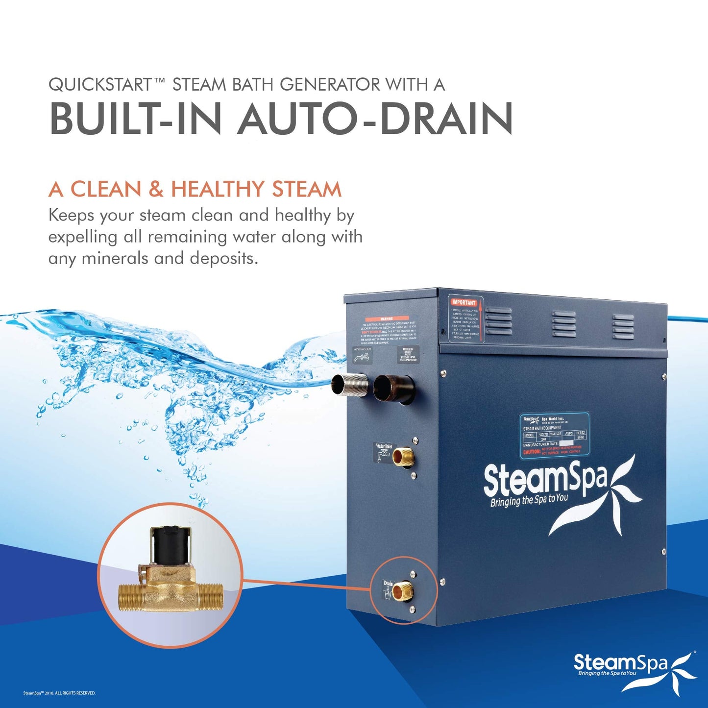 SteamSpa Premium 10.5 KW QuickStart Acu-Steam Bath Generator Package with Built-in Auto Drain in Polished Gold Finish|Touch Panel Control System|PRT1050GD-A