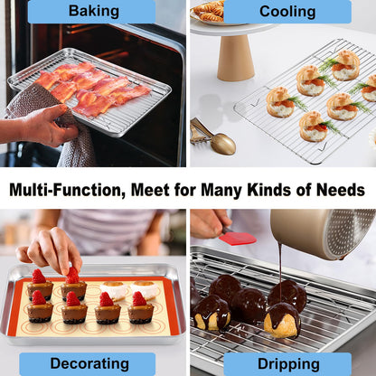 TeamFar Toaster Oven Pan, 12.4’’ x 9.7’’ x 1’’ Stainless Steel Baking Pan Tray Cooling Wire Rack with Silicone Mat Set for Cooking Use, Healthy & Sturdy, Oven & Dishwasher Safe, Set of 3