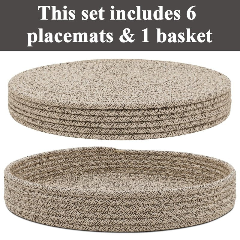 Round Placemats Set of 6 with Holder, Cotton Rope Woven Place Mats, Hot Pads for Kitchen, Heat Resistant Table Mats, 13 Inch Farmhouse Washable Braided Placemat for Kitchen Decor (Brown)