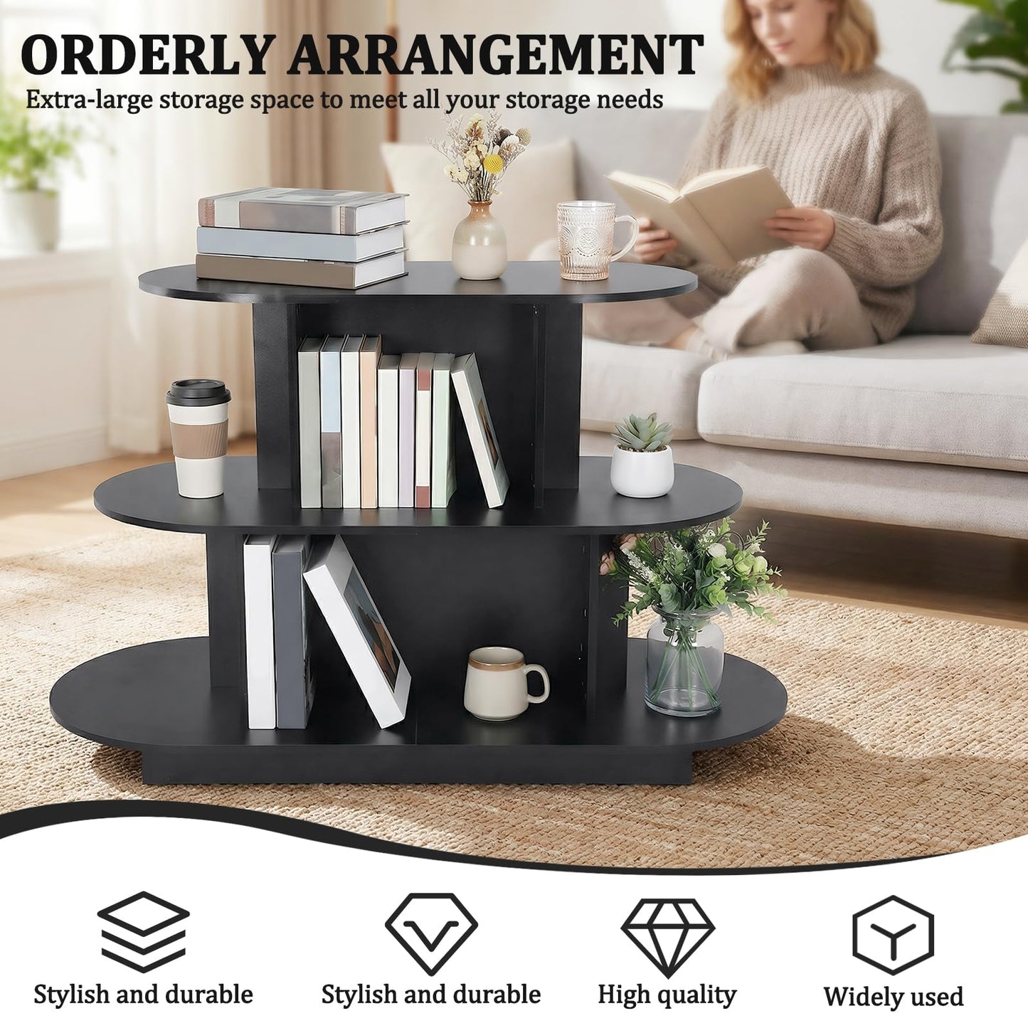Hubxinly 3 Tier Wooden Oval Display Table Modern Standing Display Riser Shelf Retail Table for Stores Vendor Events 55in W x 23.6in D x 35in H (Black)