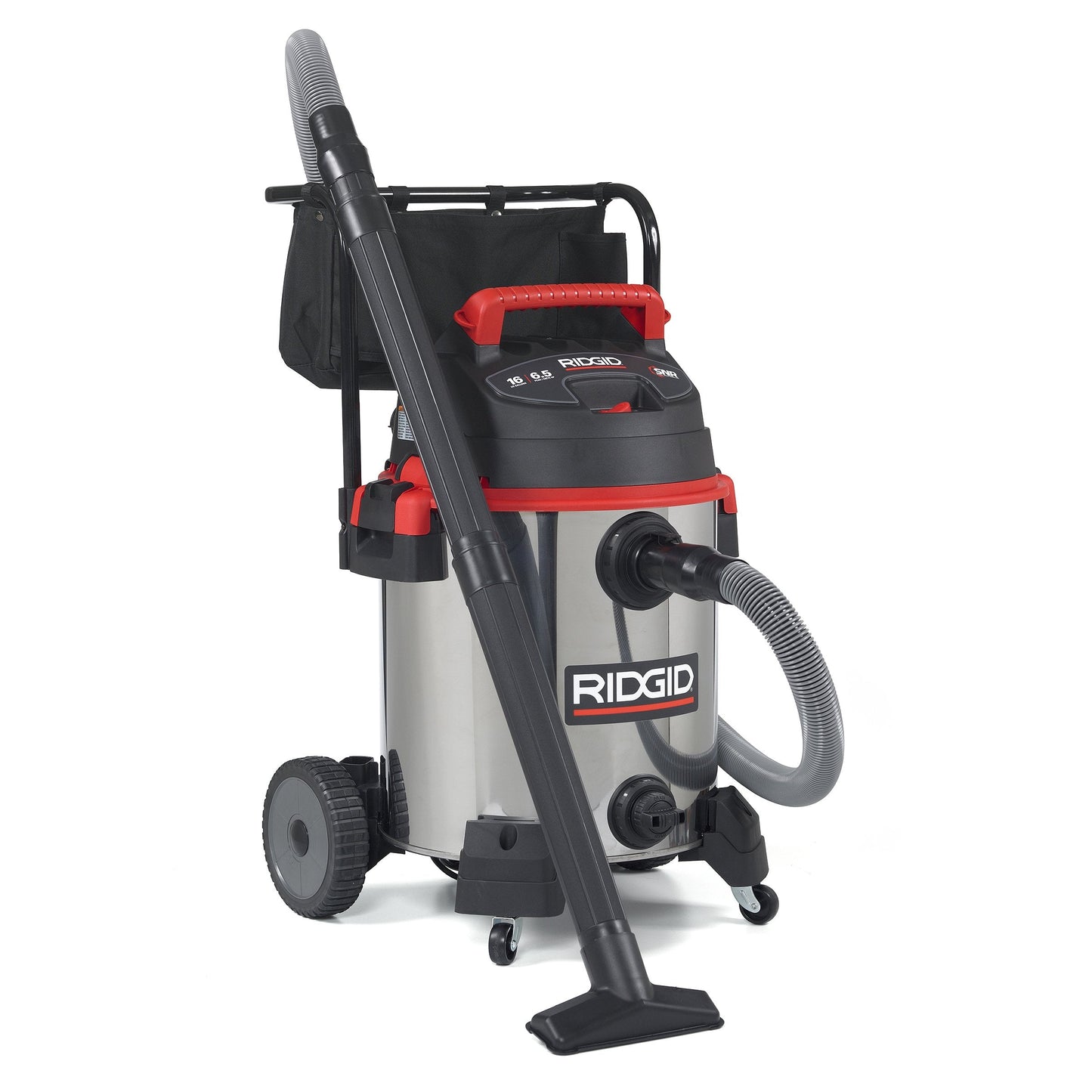 RIDGID 50353 1610RV Stainless Steel 16-Gal. Wet Dry Shop Vacuum with Cart, 6.5 Peak HP Motor, Large Wheels, Pro Hose, Drain, and Blower Port, Red