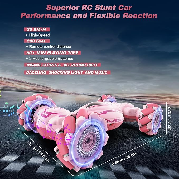 Pink RC Car Toys for Girls Aged 6-12 Gesture Sensing RC Stunt Cars with Lights Music for Girl Birthday Xmas Gifts 2.4GHz 4WD Pink Remote Control Toy Double-Side Flip 360° All-Round Rotation