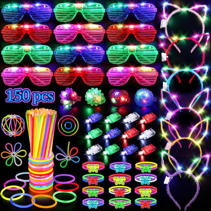 Skiennix 150PCS Glow in the Dark Party Supplies - Light Up Glasses, Headbands & Rings | Neon Party Pack