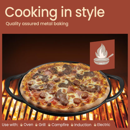Bakken Cast Iron Pizza Pan 14 Inch, Naturally Pre-Seasoned Nonstick Baking Pan, Heavy-Duty for Oven, Grill, Stovetop, or Campfire, Dual Handles, Heat Retention for Crispy Crust Results, Easy to Clean