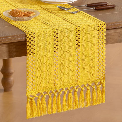 Socomi Boho Table Runner Easter Spring Farmhouse Rustic Dining Kitchen Centerpiece Decor Small Macrame Woven Cotton Linen Coffee Table Runner for Dresser Scarf Home Decor 12x60 in Yellow Gold