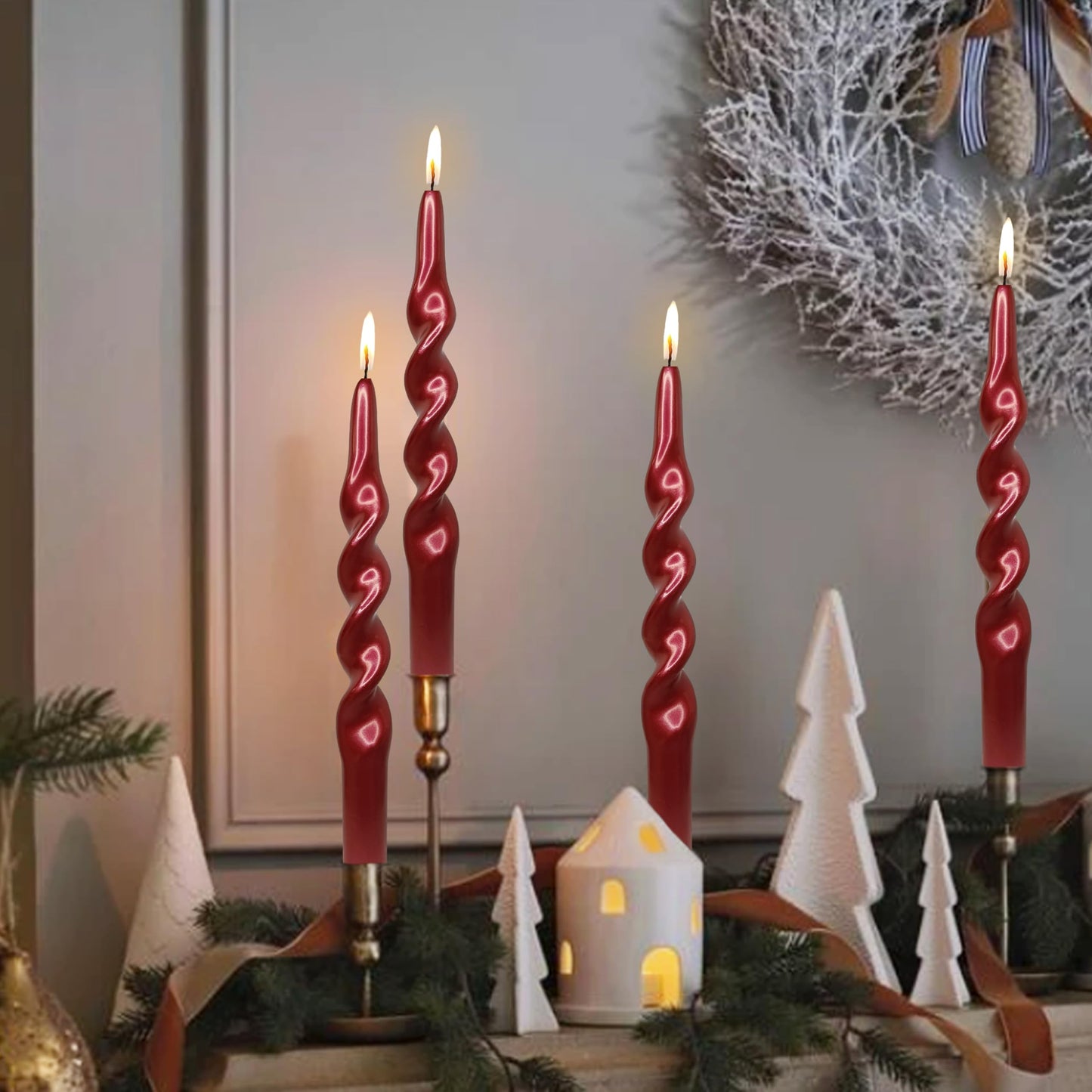 Christmas Spiral Candles Metallic Red Taper Candles -10 in Unscented Candlestick for Winter Gift Holiday Christmas Home Decoration Candles, 4 Pack