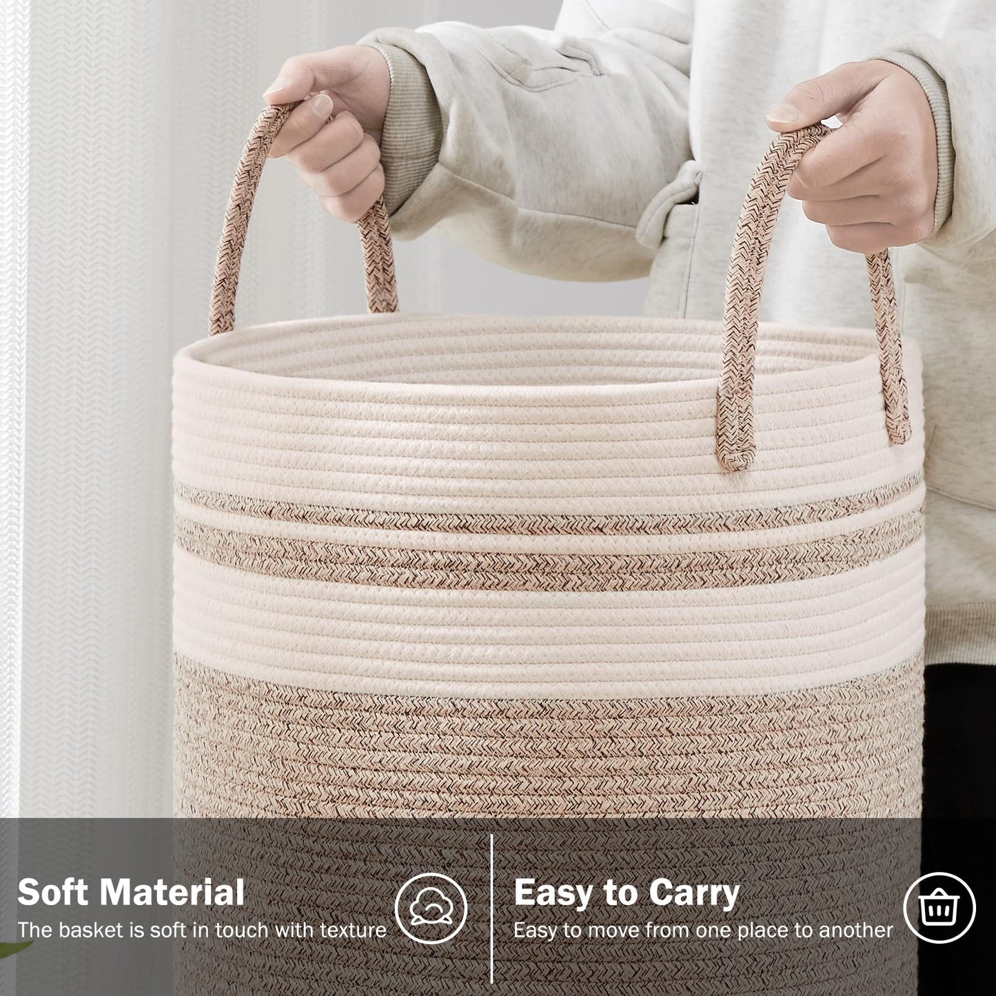 YOUDENOVA Woven Rope Laundry Hamper Basket, 72L Tall Luandry Basket, Baby Nursery Hamper for Blanket Storage, Clothes Hamper for Laundry in Bedroom-Large-Brown