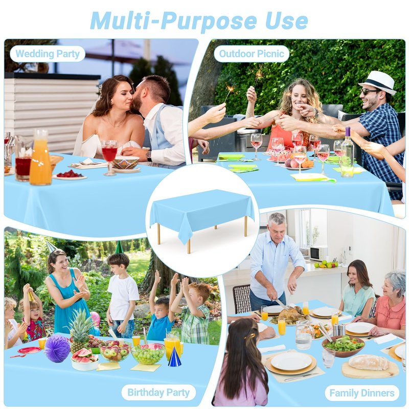 QZYL 12 PCS SkyBlue Plastic Tablecloths, 54 in x 108 in Dinner Table Cloths, Rectangle Table Cover for Birthday Party Family Gathering Wedding