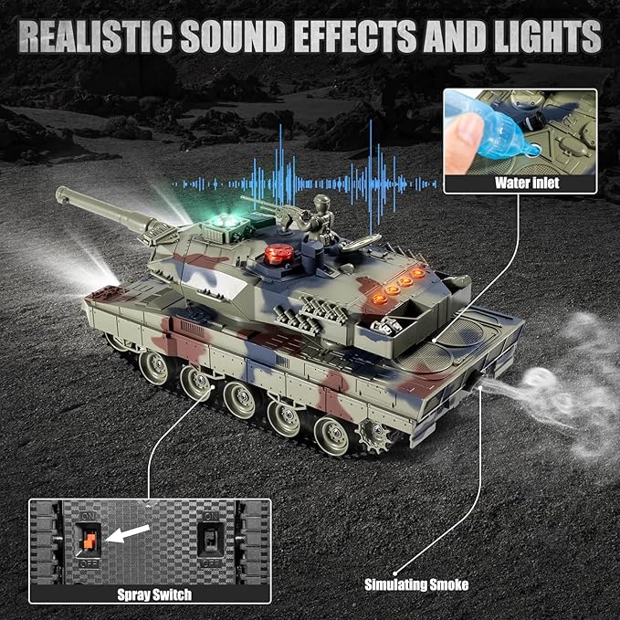 1/24 RC Battle Tank Set Remote Control Russian T90 and German Leopard II Tank Model That Shoots for Kids and Adults 2.4Ghz Army Toy for Boys 6+ Year Old with Smoke Sound Effects and Lights