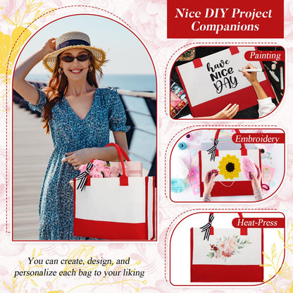 Shinylin 3 Pcs Initial Canvas Tote Bag Reusable Blank Personalized Present Totes for Women, Bridesmaid, Wedding, Travel Gift(Red)