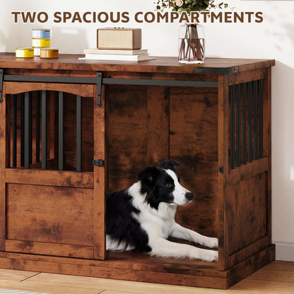 Homiflex Double Dog Crate Furniture with Barn Sliding Doors, 72" Large Dog Kennel Furniture Indoor with Divider for 2 Medium Large Dogs, Heavy Duty Wooden Dog Cage Decorative TV Stand, Brown