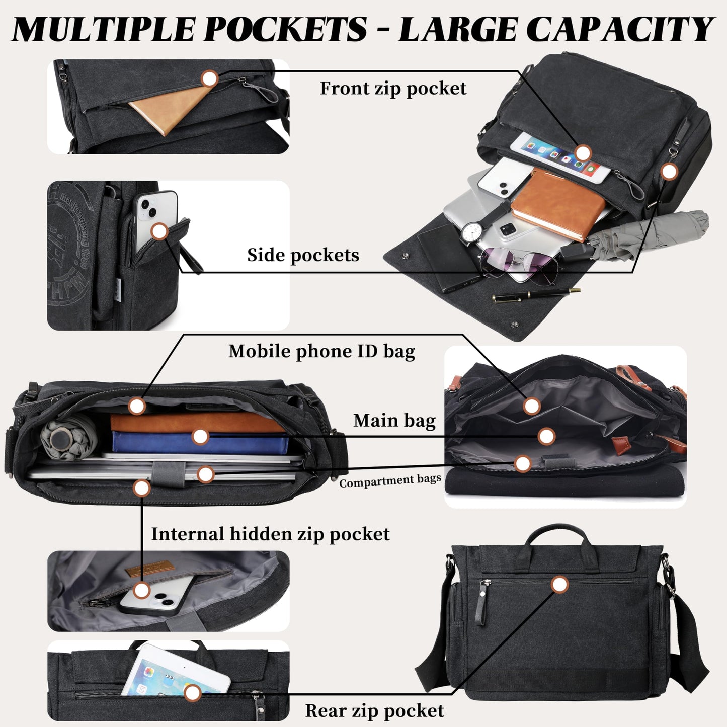 FSD.WG Satchel Messenger Bag for Men Canvas,Travel Shoulder bag 13.5" Laptop Bags