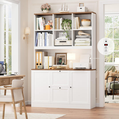 HIFIT 72'' Tall File Bookcase with Power Outlet & Printer Stand, 2 Drawer Filing Cabinets for Home Office Fit Hanging A4 File, Storage Cabinet w/ 3 Tier Open Book Shelf & Doors for Living Room, White