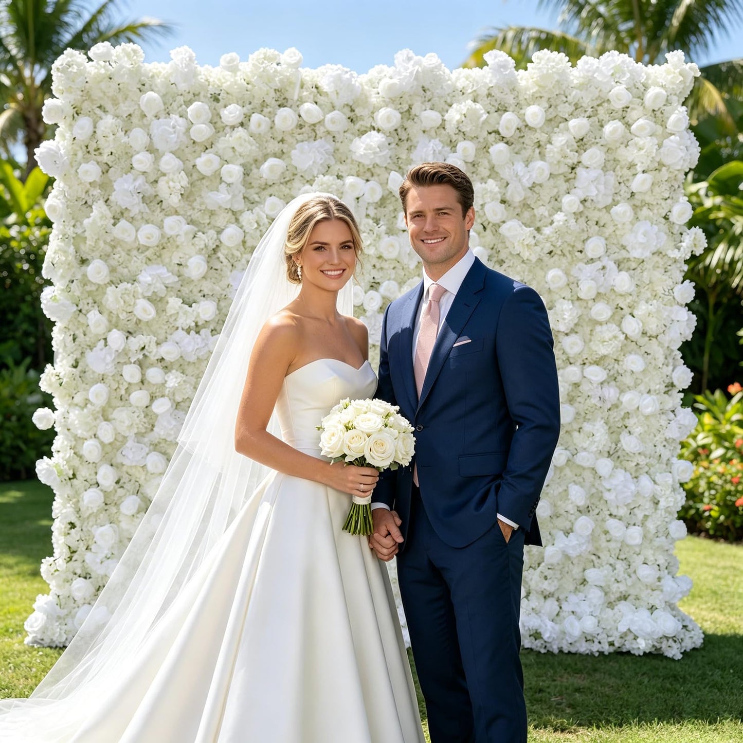 5D Artificial White Realistic Rose wall Backdrop, 8×8ft,Artificial Flower wall Panel. Easy to Install and Store, Reusable. Perfect for Weddings, Birthday Parties, and Home Decoration. with Stand