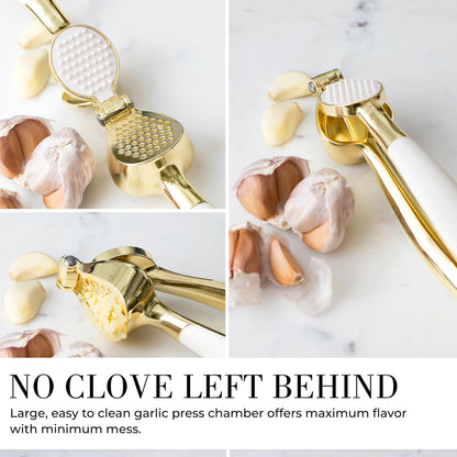 White & Gold Cooking Utensils Set - Luxe 8-Piece Kitchen Gadget Set Includes Can Opener, Tongs and Garlic Press - Stylish White and Gold Kitchen Accessories for Modern Kitchens, Ideal for Gifting