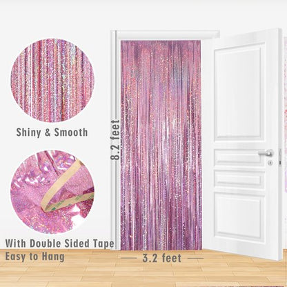 GOER Metallic Tinsel Foil Fringe Curtains - 3.2 ft x 8.2 ft | Perfect for Birthday, Graduation, New Year & Wedding Decor (4 Packs, Laser Pink)