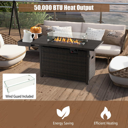Tangkula Patio Propane Fire Pit Table, 52 Inch Wicker Gas Fire Pit with Wind Guard & Extended Shelf, 50,000 BTU Heat Output, Rectangular Fire Table with Blue Fire Stone & Waterproof Cover (Brown)