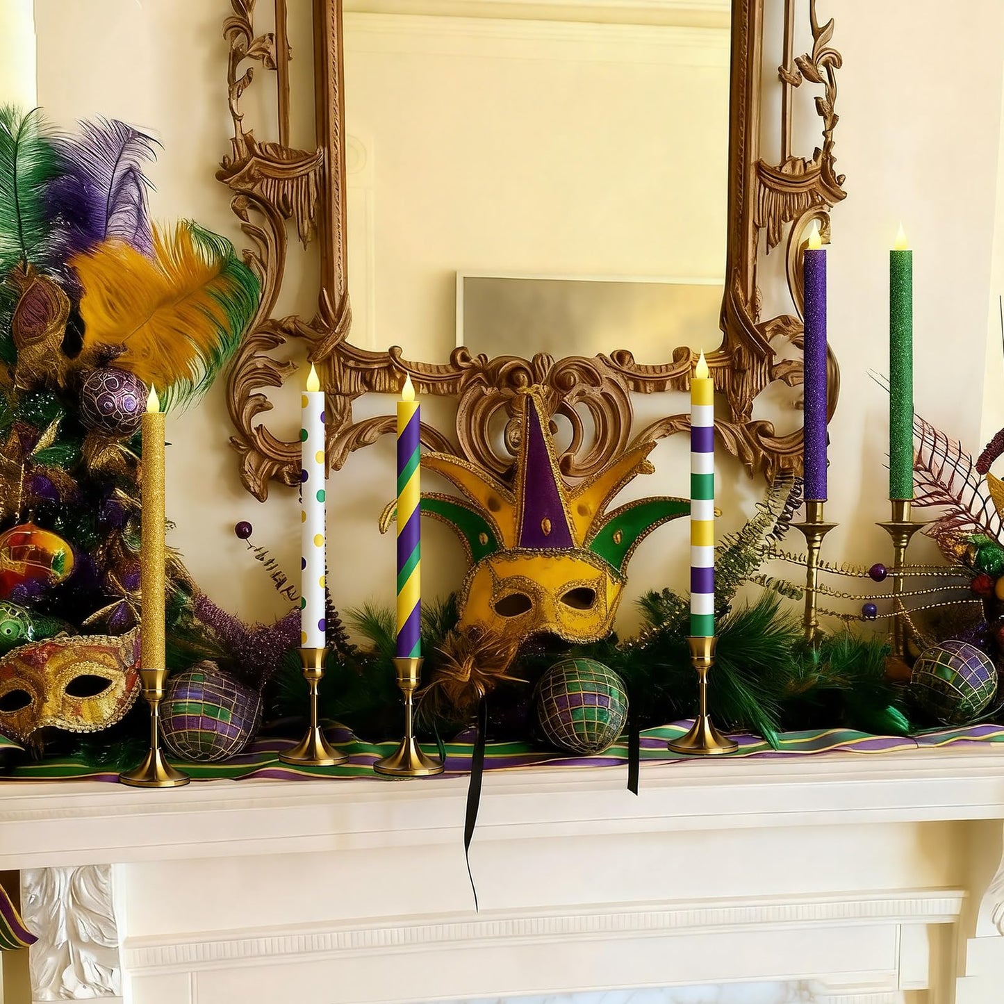 Honoson 6 Pcs Mardi Gras Flameless Taper Candles 10.6 Inch Purple Green and Gold Candles Battery Operated LED Candlesticks for Mardi Gras Dinner Table Centerpiece Indoor Outdoor Party Home Decor