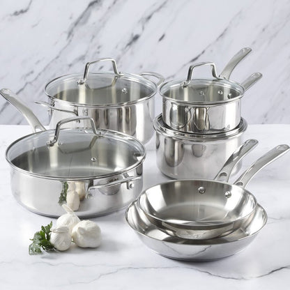 Martha Stewart Castelle 10 Piece 18/8 Durable Stainless Steel Induction Safe Non-Toxic Triply Bottom Kitchen Pots and Pans Cookware Set - Dishwasher Safe