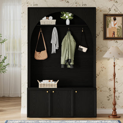 Merax Farmhouse Hall Tree with Bench and 3 Cabinets, 4-in-1 Entryway Coat Rack with 4 Golden Hooks and Top Compartments, 77.5" Retro Arched Entryway Hall Tree for Hallway, Mudroom, Entrance, Black