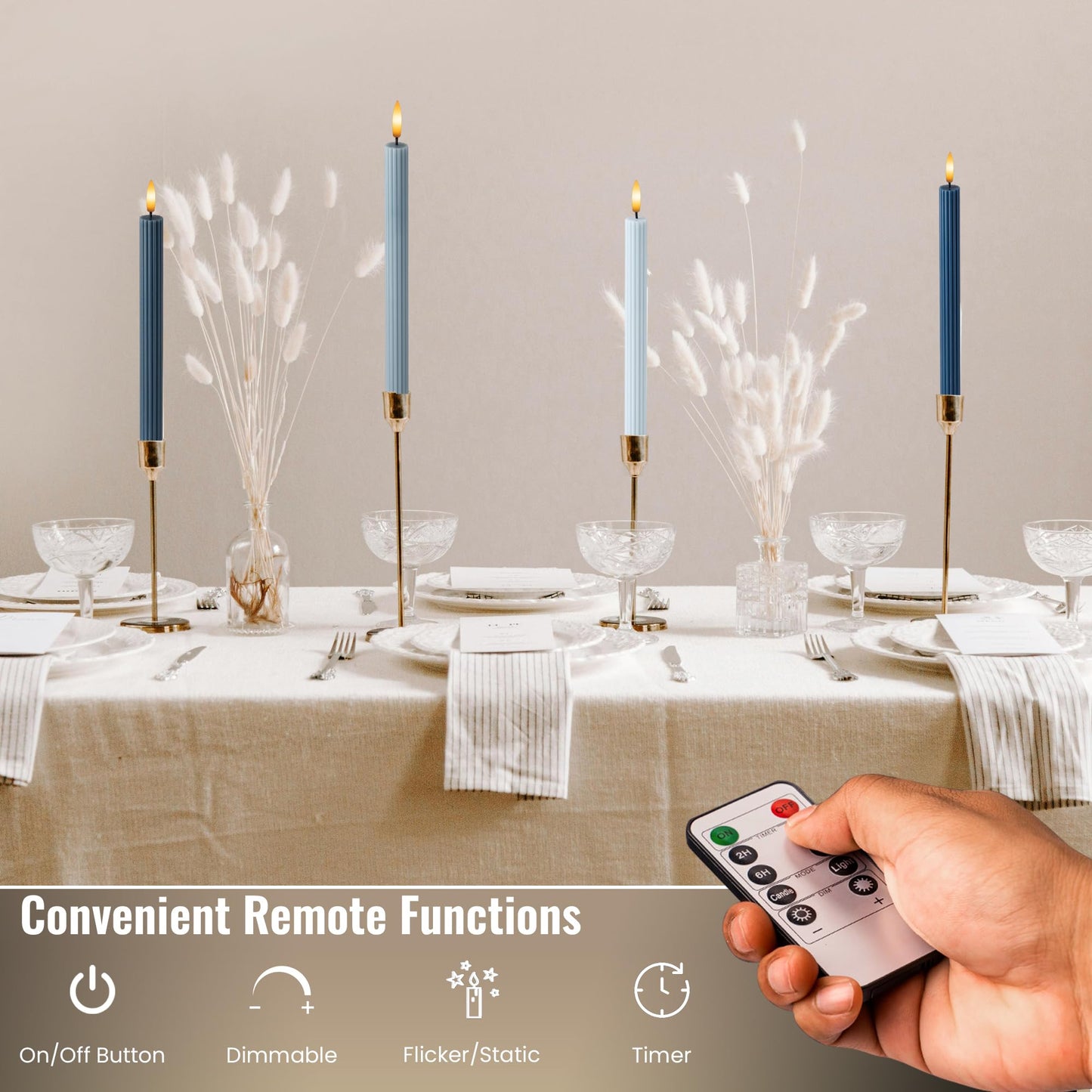 WYZworks Coordinated Blue Dawn Overcast Blues 4 Pack, 10" Real Wax LED Flameless Fluted Ribbed Grooved Taper Candles, Remote & Timer Memory, On/Off Button, Dimmable, Battery Operated, Menorah Wedding
