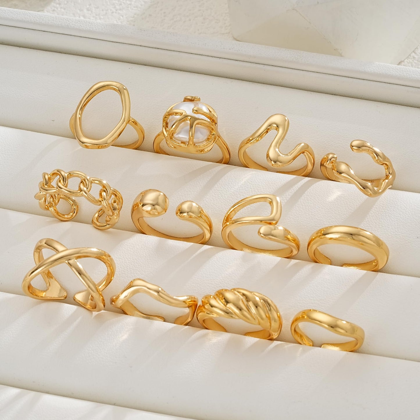 FAXHION 12PCS Gold Stackable Rings Set for Women, 18K Gold Plated Open Stacking Knuckle Ring, Adjustable Chunky Signet Band Statement Ring for Gift