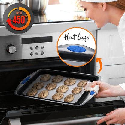 NutriChef 6-Piece Baking Pan Set - Nonstick Carbon Steel Bakeware with Blue Silicone Handles | Includes Cookie Sheets, Roaster Pan, Loaf Pan & Muffin Pan (Gray)