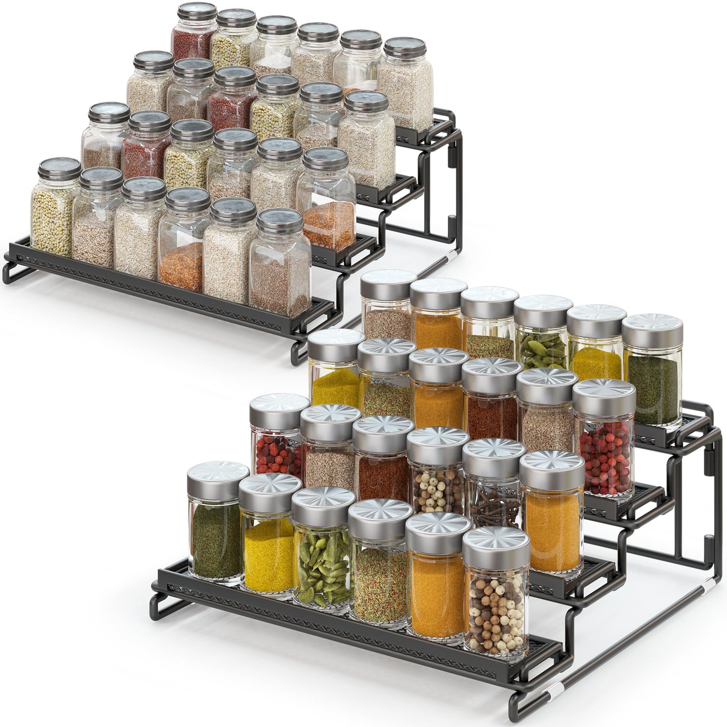 LUHENPING 2 Pack Spice Rack Organizer for Cabinet, 4 Tier Black Seasoning Organizer Rack for Inside Cabinets, Countertop, Pantry Storage